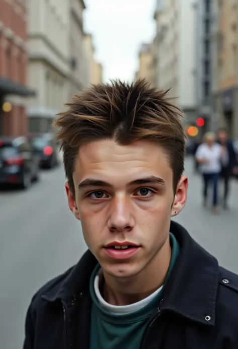 a young man, in big city , gotic-style  , green eyes, realistic skin, granulate photography, analogic photography,  fine-tuning,  4k,  ultra detailed,  flash,  UHD,  Atmospheric lighting shadow and light passing through hair