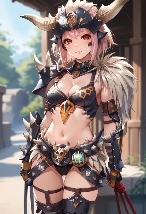 (score_9:0.9),score_8_up,score_7_up,rating_explicit,(zPDXL),(zPDXL3),<lora:Nergigante armor ponyXL v1:0.75>,nergigante armor,1girl,solo,red eyes,cleavage,smile,looking at viewer,navel,medium breasts,sword,cowboy shot,blurry,black bikini armor,standing,part...