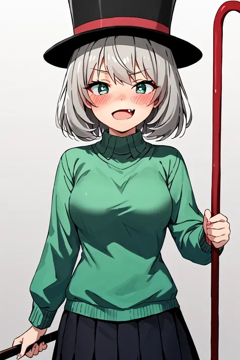 score 9, score 8 up, score 7 up, tejinasenpai, 1girl, blush, short hair, blue eyes, skirt, shirt, long sleeves, hat, holding, medium breasts, green eyes, grey hair, pleated skirt, fang, black skirt, sweater, black headwear, skin fang, top hat, cane, green ...