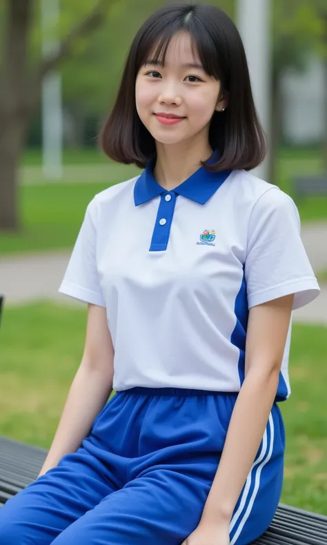 a 15-year-old lady wearing white shirt and blue pants. she sits on a bench at a park.