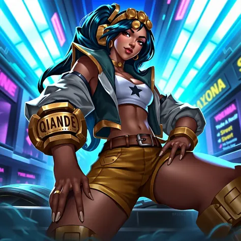 Epic_LOL,Qiyana from True Damage leans back confidently in a futuristic urban environment. Her outfit blends modern street fashion with gold accents, showcasing her powerful yet stylish persona. Neon lights and vibrant colors surround her, adding to the dy...