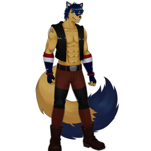 open vest, pectoral muscles, western cloths, fox ears, long tail, solo, shoulder tattoos, fingerless gloves, American flag styled sleeve, boots, average height, wolf boy, yellow body, blue eye brows, arm warmer, blue forearm fur, short hair, V1 Zannon Koit...