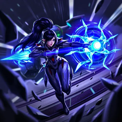 Epic_LOL, a futuristic warrior in sleek armor, charging forward with blue energy radiating from her and her massive mecha companion. Her ponytail flows behind her as she prepares for a powerful strike, glowing with the same energy that pulses through her h...