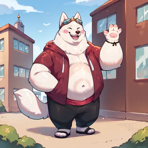 score_9, score_8_up, score_7_up, score_6_up, score_5_up, score_4_up, source_cartoon, cori, dog, chubby, fat, hoodie, goggles, pink cheeks, sandals, white fur, looking at viewer, smiling, standing up, waving, city background <lora:Cori_Breeze_In_The_Clouds_...