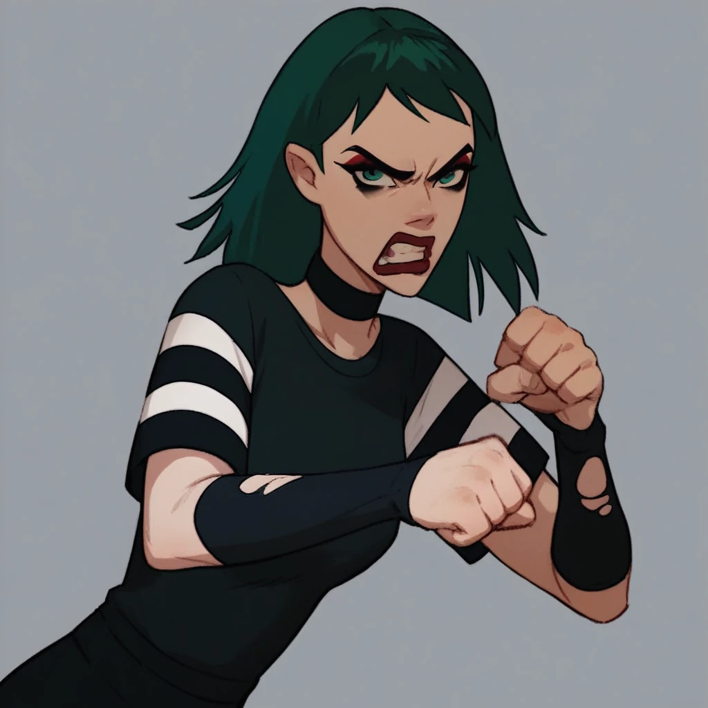 Score_9, Score_8_up, Score_7_up, 1girl, solo, green hair, medium hair, green eyes, red eyeshadow, makeup, red lipstick, black choker, black arm warmers, black shirt, striped sleeves, black skirt, torn leggings, angry expression, pointing, fist clenched, lo...