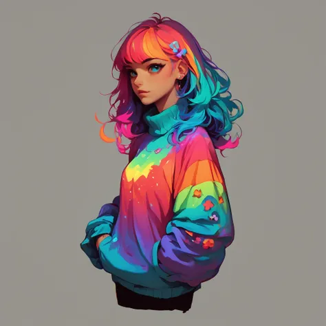 score_9, score_8_up, score_7_up, FFDAC, 1woman, colorful outfit, sweater