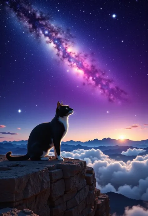 mlkwglx, stars, This is a digital artwork depicting a serene, ethereal scene. In the foreground, a black and white cat with pointed ears
sits with its back to the viewer on a rocky outcrop and gazing upward. The cats fur is smooth and appears slightly glos...