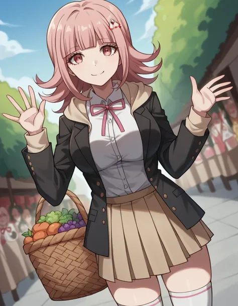 score_9, score_8_up, score_7_up, source_anime, <lora:chiaki-nanami-s2-ponyxl-lora-nochekaiser:1>, chiaki nanami, blunt bangs, pink hair, hair ornament, medium hair, pink eyes, large breasts,, black shirt, black jacket, jacket, long sleeves, neck ribbon, op...