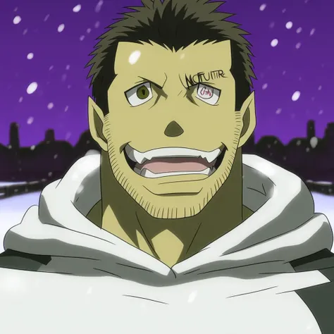 outside, snow, solo, pecs, fangs, smile, open mouth, simple background, clothed, muscular, night