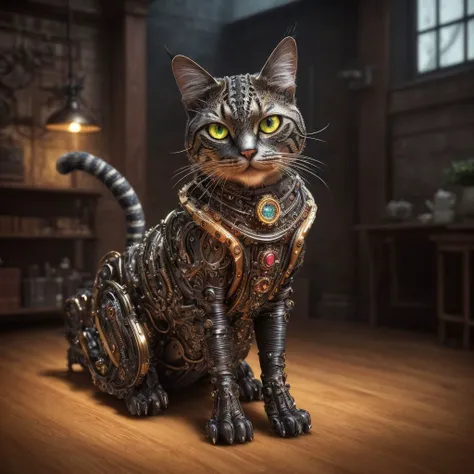 masterpiece, full body shot, intricate detailed refined photo, mechanical cat, steampunk, photo realistic, hyper realistic, highly detailed, sharp focus, 8K, cozy indoor lighting, neon-colors, colorful, friendly colors, high resolution, 8K, MechanicalCatSt...