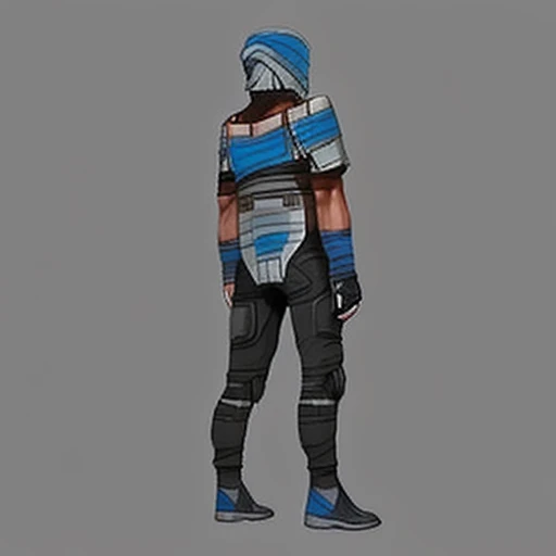 BLACK FINGERLESS GLOVE WITH METAL SPIKES, metal helmet with visor, blue stripes of electrical tape, BLUE STRIPES OF ELECTRICAL TAPE, FULL BODY, metal shoulder pad, FRONT RIGHT VIEW, back view, Metal_armor, balaclava_mask