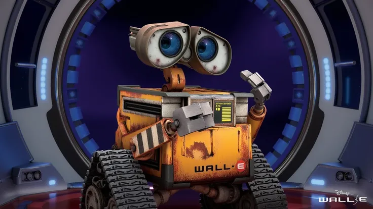 a photo of walle roboter,text says <WALL E>,inside a spaceship,disney,pixar style,<lora:walle:1>