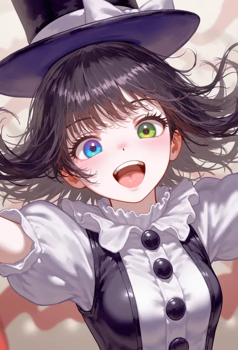 A joyful girl takes a selfie while spinning, her laughter radiating through the image. Her mismatched eyes one a bright blue, the other a soft green sparkle with excitement. Dressed like Pierrot the clown, she wears a white outfit with black puffed accents...