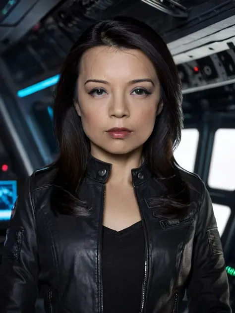 Medium close up photo of <lora:M1ngN4W3n_XL_v10:0.9> , M1ngN4W3n, 1girl, solo, waist up photo, long hair, looking at viewer, black leather jacket, black shirt, lips, realistic, indoors, in a spaceship,