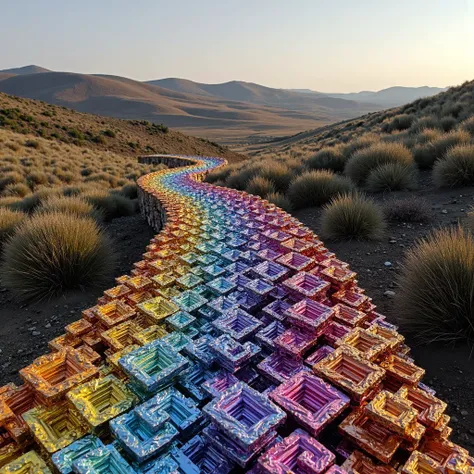 A photo of a winding countryside path paved with bismuth crystals.