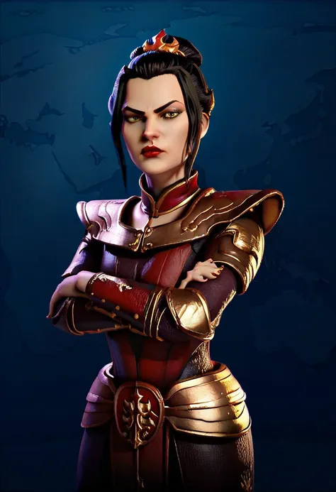 3d, CivVILeaders,3d,score_9, score_8, score_7, score_6_up,1girl,azula,perfect face, armor, black hair, gold eyes, delicate features, red lips, frowning, crossed arms