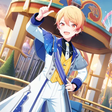 1boy, tenma tsukasa, project sekai, masterpiece, very aesthetic, absurdres, official art,
brandnew tsukasa, solo, yellow hair, short hair, brown gradient hair, brown eyes, male focus, 
looking at viewer, :D, arm up, pointing sky, index finger raised, BREAK...