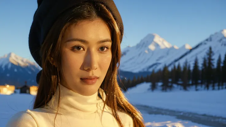 1girl,solo,(mature),long hair,brown hair,brown eyes,nose,parted lips,turtleneck sweater,beanie,outdoors,snow,star (sky),aurora,blurry,looking at viewer,(((realistic))),cowboy shot,Highly detailed,(ultra-detailed),(best quality,masterpiece:1.5),