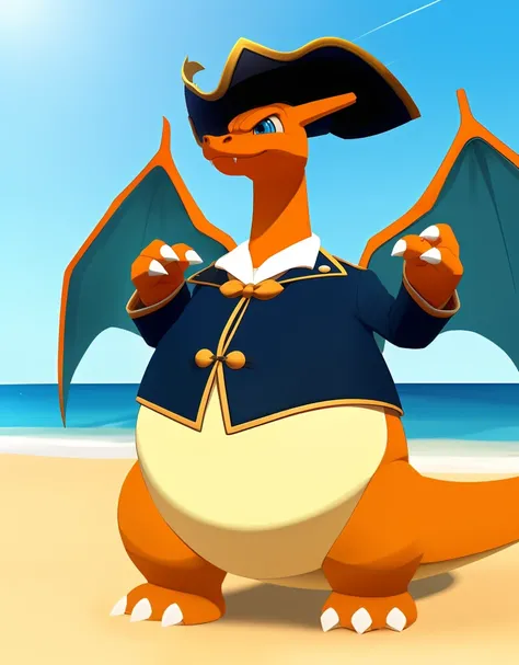 (((detailed eyes, detailed face))), (feral, charizard <lora:character_charizard_unite_findigo_v1:0.9>, pokemon, orange skin, green wings, flame-tipped tail, claws, blue eyes, fangs out), male, (solo), (plump, fat, chubby, overweight), (captain costume, blu...