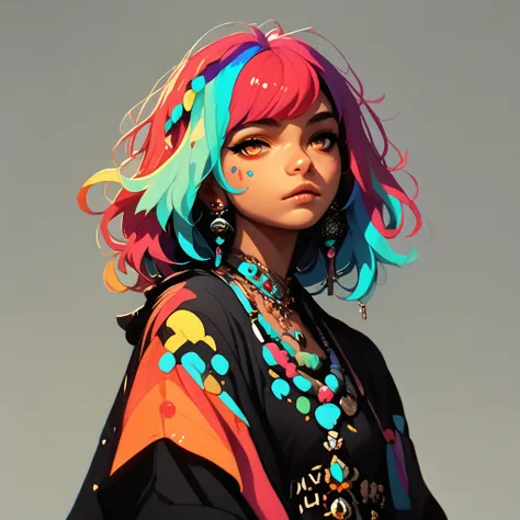 score_9_up, score_8_up, score_7_up, FFDAC, 1woman, multicolored hair, jewelry