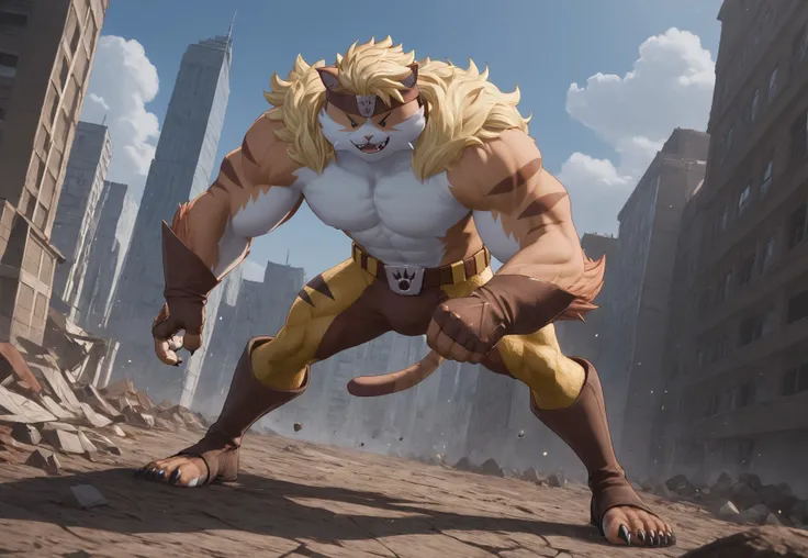 furry, solo, anthro, male, smile, Meowtooth, blonde hair, headband, mane, orange fur, white fur, muscles, bara, teeth, smile, feline, cat, detailed fur, detailed face, ng_deepnegative_v1_75t, Expressiveh, brown and yellow pants, brown footwear, action stan...