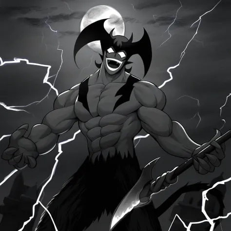 smile, lightning, demon boy, muscular male, open mouth, male focus, no pupils, moon, greyscale, fire, scythe