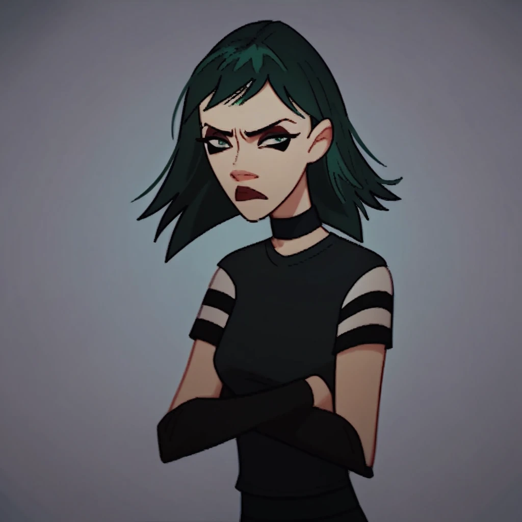 Score_9, Score_8_up, Score_7_up, 1girl, solo, green hair, medium hair, green eyes, red eyeshadow, makeup, red lipstick, black choker, black arm warmers, black shirt, striped sleeves, black skirt, torn leggings, bored expression, arms crossed, looking at vi...