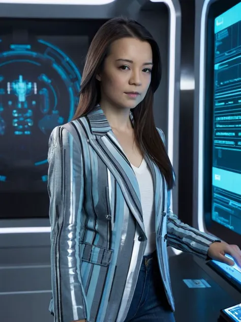 Medium close up photo of <lora:M1ngN4W3n_XL_v10:0.9> , M1ngN4W3n, 1girl, solo, long hair, Striped blazer and jeans, A sleek, futuristic laboratory with glowing screens and advanced technology