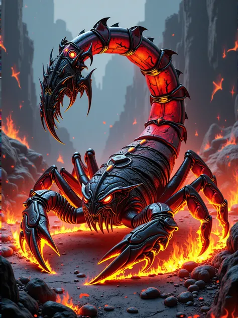 a giant scorpion made of dark metal and glowing embers, dark fantasy, darkcore, brutalist <lora:Darkcore Flux:0.6>