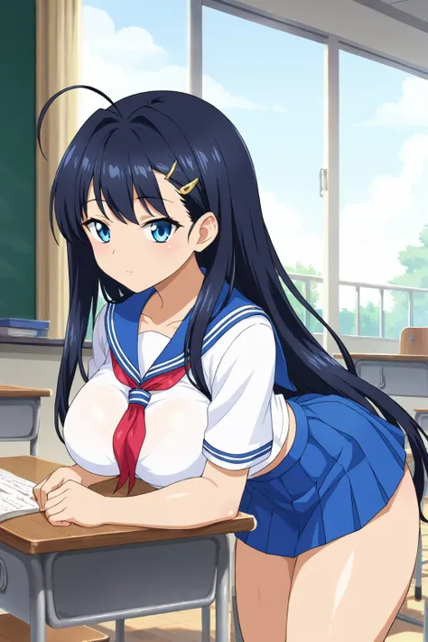 score_9, score_8_up, score_7_up, BREAK source_anime, masterpiece, anime screencap, shiny skin, thick thighs, 
1girl, kakouen myousai, long hair, bangs, black hair, ahoge, blue eyes, large breasts, <lora:kakouen_pony-000015:0.7>
expressionless, blush, class...