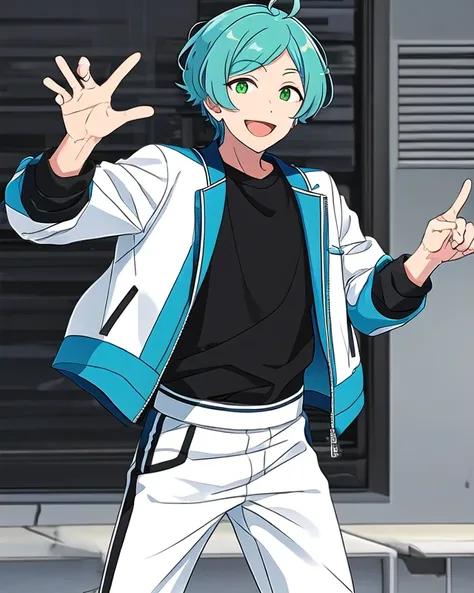 shinkai kanata, aqua hair, green eyes, ahoge, solo, looking at viewer, smile, open mouth, 1boy, v sign, male focus, black shirt, white pants, training pants, black jacket, blue jacket, long sleeve jacket, training jacket <lora:KanataSD15-06:0.7>