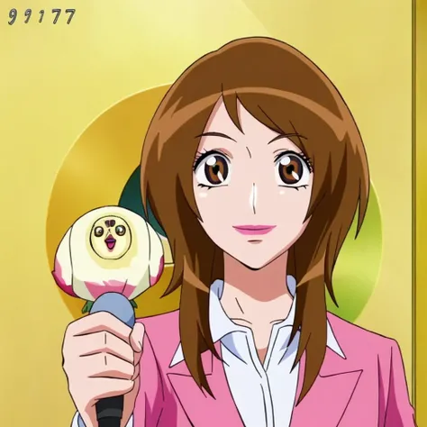 1girl, solo, bust up shot, standing, brown eye, lipstick, makeup, long brown hair, pink suit, white collared shirt, smiling, large eyes, holding microphone