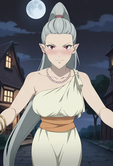 score_9, score_8_up, score_7_up, source_anime, outdoors, night, starry sky, full moon, town, big moon,
1girl, solo, very long hair, grey hair, ponytail, red eyes, pointy ears, medium breasts, smile, blush, single earring,
evening gown, bare shoulders, whit...