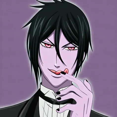 s3b4stianmich43lis, Sebastian Michaelis, Sebastian Michaelis (Kuroshitsuji), solo, looking at viewer, black hair, red eyes, 1boy, hair between eyes, male focus, tongue, hand up, tongue out, pink eyes, nail polish, colored skin, portrait, black nails, :q, l...