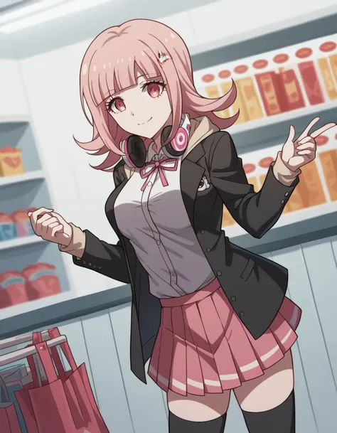 score_9, score_8_up, score_7_up, source_anime, <lora:chiaki-nanami-s2-ponyxl-lora-nochekaiser:1>, chiaki nanami, blunt bangs, pink hair, hair ornament, medium hair, pink eyes, large breasts,, black shirt, black jacket, jacket, long sleeves, neck ribbon, op...