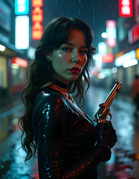 In a surreal, noir-inspired scene set amidst the neon-lit rain-soaked streets of a dystopian metropolis, Y3L1S stands confidently with a sultry, enigmatic expression, her long, raven-black hair cascading down her back like a waterfall, shimmering in the re...