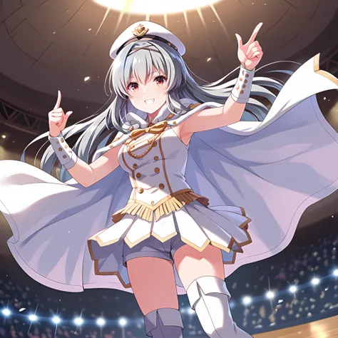 score_9, score_8, score_7_up,hd,source_anime,indoors,on stage,

1girl, solo, tendorui2, smile, tendor5 dress, white cape, pointing, white hat, very long hair, tendor5 high boots, tendor5 wrist cuffs, tendor5 short shorts, tendi hairband, facing viewer, 