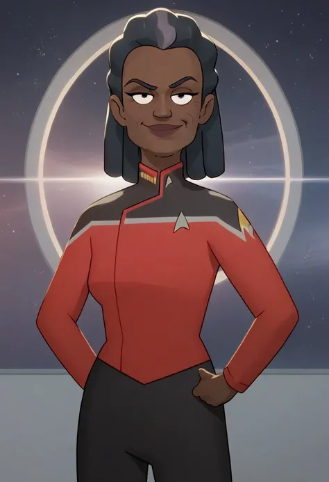 (score_9, score_8_up, score_7_up), (highly detailed, masterpiece, looking at viewer), (Captain Carol Freeman, 1girl, solo, dreadlocks, black hair, wrinkles, grey streak, smirk, standing), (star trek background, wideshot), (red uniform)