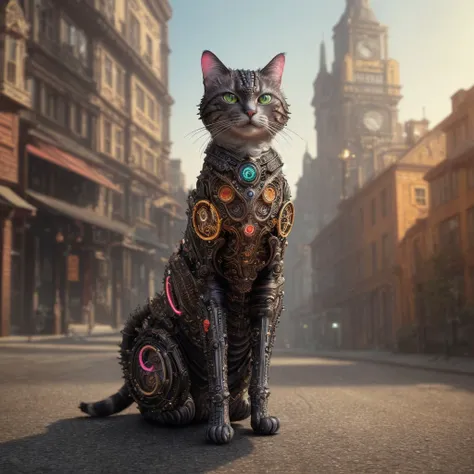 masterpiece, full body shot, intricate detailed refined photo, mechanical cat, steampunk, photo realistic, hyper realistic, highly detailed, sharp focus, 8K, cozy outdoor lighting, neon-colors, colorful, friendly colors, high resolution, 8K, MechanicalCatS...