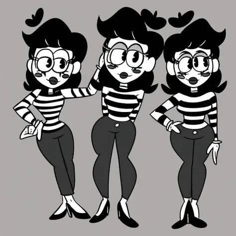 Quietthe, Quietthe (Mutethe Mime), Mutethe Mime, 1girl, solo, long hair, breasts, looking at viewer, simple background, shirt, long sleeves, jewelry, standing, monochrome, full body, greyscale, glasses, striped, pants, high heels, bracelet, hand on hip, ey...