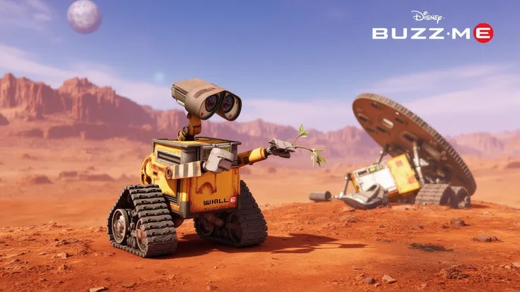 a photo of walle roboter,text says <BUZZ ME>,outside at the meteor crater,wrecked satellites in background,holding a flower in his hand,disney,pixar style,<lora:walle:1>