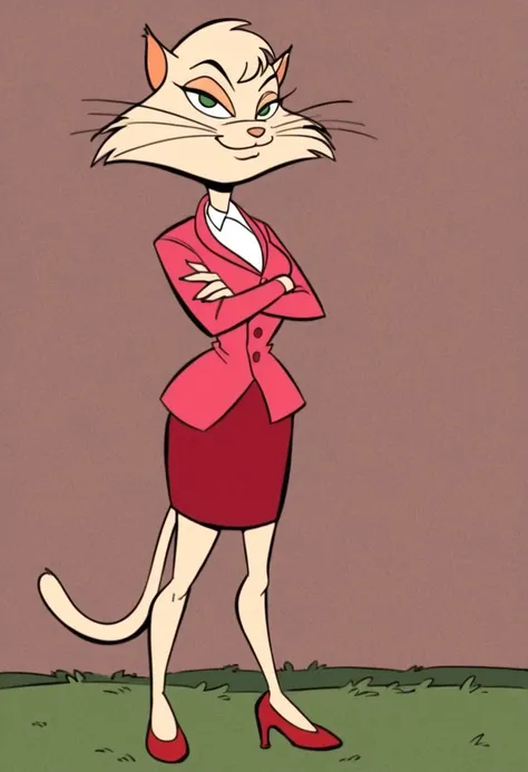 (((((sharp))))), score_7_up, score_8_up, score_9, masterpiece, perfect face, perfect hands, high quality,
Divinity Plunkett, anthro, anthro cat, catgirl, furry, cartoon, female, adult, 1girl, solo, 
beige fur, beige body, white undershirt, pink blazer, pin...