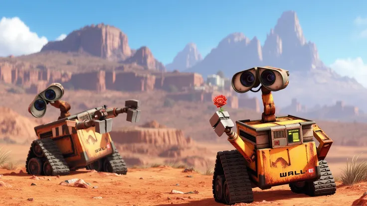 a photo of walle roboter,text says <BUZZ ME>,outside at the giant spaceship wreck,wrecked satellites in background,holding a flower in his hand,disney,pixar style,<lora:walle:1>