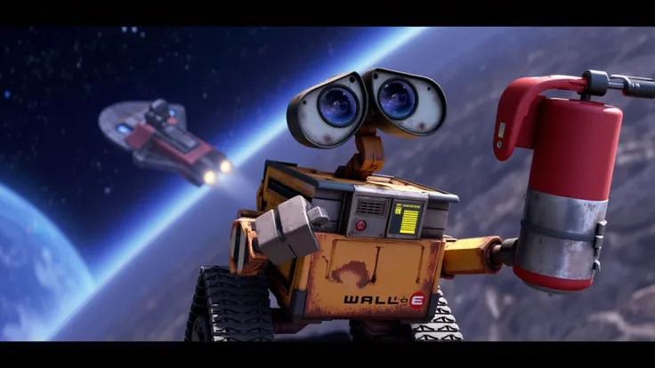 a wide-angle aerial photo of walle roboter,text says <WALL E>,floating in space,holding a red fire extinguisher,spaceship in background,disney,pixar style,<lora:walle:1>