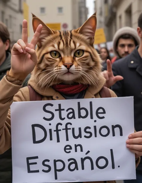 photo of an cat protester, he is making a peace sign with his hand, holding a sign with text: "Stable Diffusion en español"