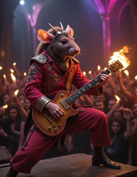 epic shot of anthropomorphic rat man playing electric guitar,  bard, flashy bright-colored clothing, playing in-front of large crowd, dungeon concert, flames guitar