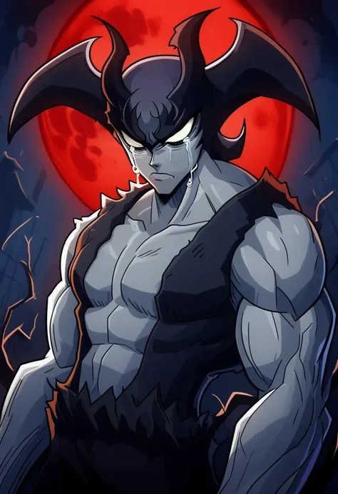 Solo, Serious face, Crying, demon boy, muscular male, male focus, no pupils, moon, Demon, Devilman, no pupils, gray skin, sharp teeth, stand in dark alley, Closed mouth,