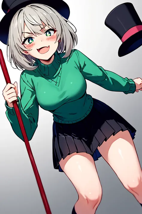 score 9, score 8 up, score 7 up, tejinasenpai, 1girl, blush, short hair, blue eyes, skirt, shirt, long sleeves, hat, holding, medium breasts, green eyes, grey hair, pleated skirt, fang, black skirt, sweater, black headwear, skin fang, top hat, cane, green ...