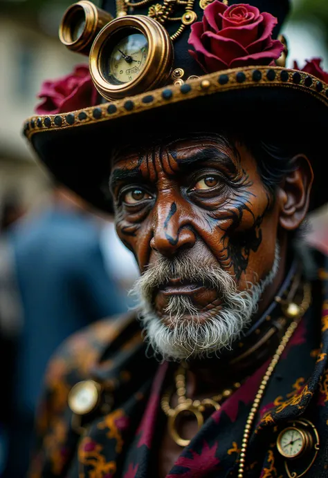 bo-steampunk, steampunk style, steampunk art, Steampunk, An enigmatic man, with a mysterious tattoo and a profound gaze,knee level shot,back view, extreme close-up Low angle,vibrant colors of Rio de Janeiros Carnival are a feast for the eyes, with elaborat...