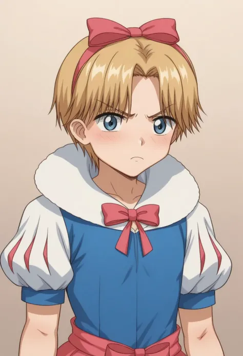 score_9, score_8_up, score_7_up, source_anime, highly detailed, 
rukanogi, male focus, 1boy, solo, blonde hair, crossdressing, bow, hair bow, puffy sleeves, cosplay, upper body,
short hair, puffy short sleeves, snow white costume, frown
indoor,